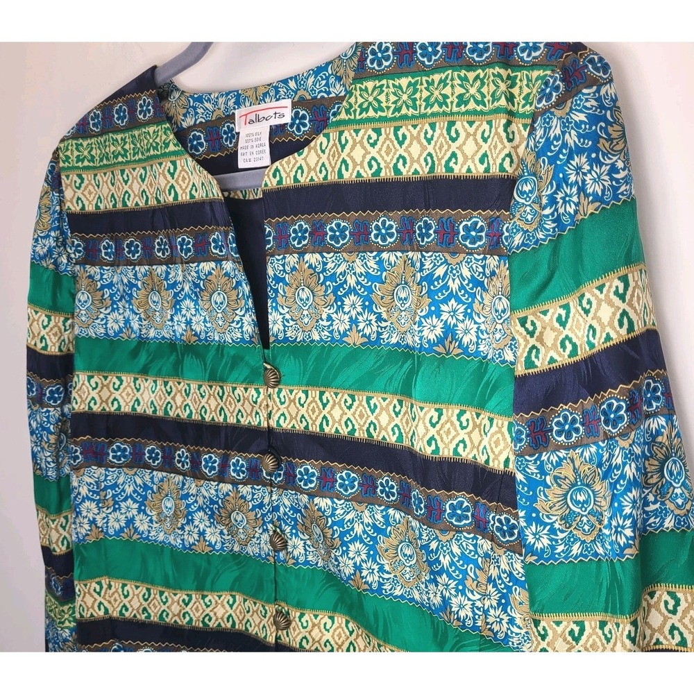 Vtg Talbots Silk Blazer Jacket Womens Large Blue Green Baroque Print Lined - Picture 2 of 6
